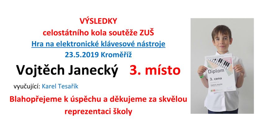 Vojtěch Janecký získal 3. místo v celostátním kole soutěže ve hře na EKN