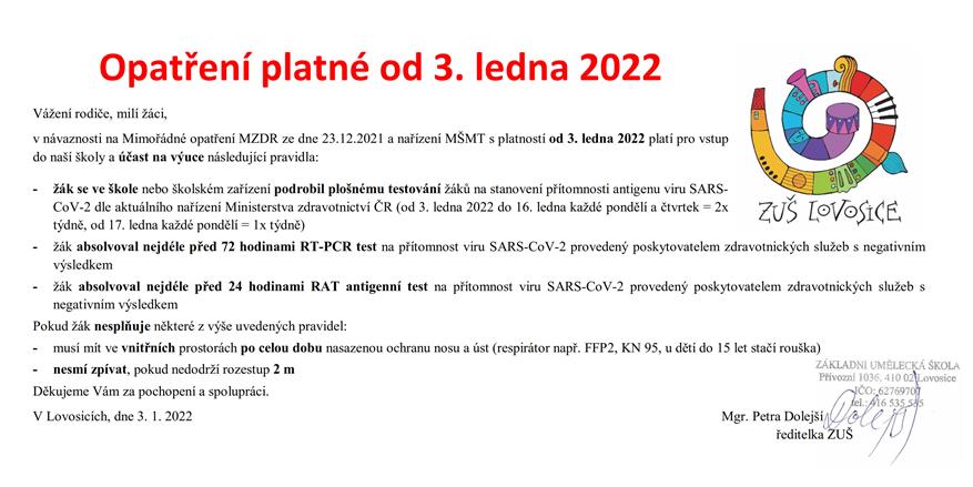 Opatření platná od 3. ledna 2022